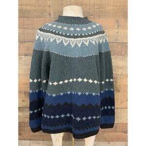 Vintage 1990s Lands’ End Fair Isle Blue Sweater 100% Wool Sz L Heritage